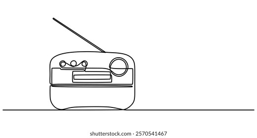 Radio one line continuous line. Line art retro radio outline, silhouette. Hand drawn vector art, Continuous one line drawing a vintage radio with a telescopic antenna sits on a table. The versatility 