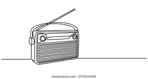 Radio one line continuous line. Line art retro radio outline, silhouette. Hand drawn vector art, Continuous one line drawing a vintage radio with a telescopic antenna sits on a table. The versatility 