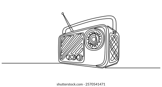 Radio one line continuous line. Line art retro radio outline, silhouette. Hand drawn vector art, Continuous one line drawing a vintage radio with a telescopic antenna sits on a table. The versatility 