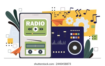 Radio online concept. Equipment for open air audio translation. Podcast and broadcast on internet. Speaker near smartphone. Cartoon flat vector illustration isolated on white background