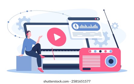 Radio online concept. Man in headphones near audio speaker and tablet. Live on air stream. Broadcast and podcast. Young guy in earphones listening to music. Flat vector illustration