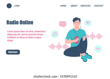 Radio online  landing page vector template. A man with headphones is listening to audio. Flat vector illustration