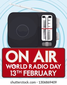 Radio over a sign that says "on air", with greetings to celebrate World Radio Day this 13th February.