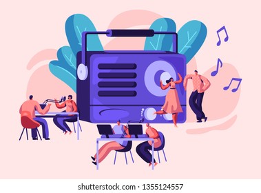 Radio Personality On-air Banner. Introduce and Play Individual Selection of Record Music. Host Talk Show, Interviews Celebrity or Guest. Listener, Character Dance. Flat Cartoon Vector Illustration