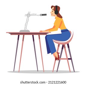 Radio Personality Semi Flat RGB Color Vector Illustration. Mass Media Occupation. Female Worker Talking To Listeners Isolated Cartoon Character On White Background