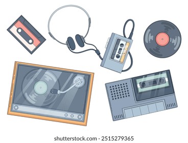 Reproductor de radio e ilustración de grabación de vinilo musical. Gadget giratorio, casete y auriculares de alambre retro para escuchar el conjunto de iconos de dibujos animados de sonido. Cinta de audio y equipo de fonógrafo para el concepto de fiesta del club