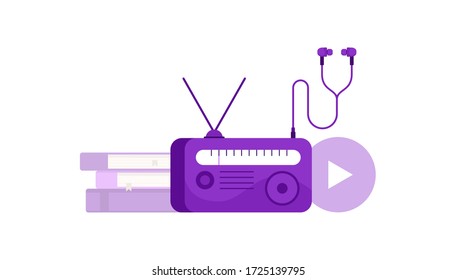 Radio player with wired vacuum headphones. Against the background is a stack of books and a media player icon. Listening to radio or audio books using the player and headphones.
