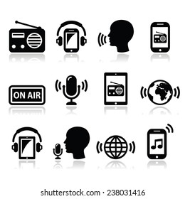 Radio, podcast app on smartphone and tablet icons set