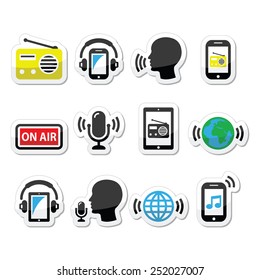 Radio, podcast app on smartphone and tablet icons set