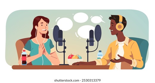 Radio podcast audio interview in studio. Host man person, woman guest speaker talking to microphones online. Voice record media broadcast, conversation entertainment flat vector illustration