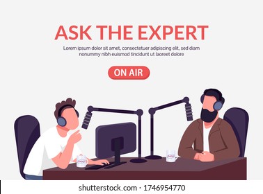 Radio Podcast Banner Flat Vector Template. Public Chat Show Brochure, Poster Concept Design With Cartoon Characters. Talk Show With Expert Interview Horizontal Flyer, Leaflet With Place For Text