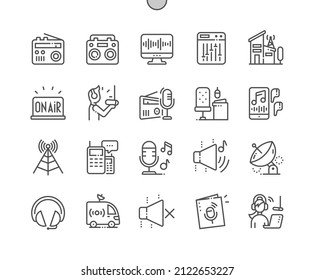 Radio. Podcast and broadcast. On air. Equalizer, satellite, headset. Pixel Perfect Vector Thin Line Icons. Simple Minimal Pictogram