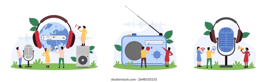 Podcast de rádio, conjunto de transmissão. Minúsculas pessoas gravam som de entrevista de voz ou música usando microfone e fones de ouvido, botão de volta do receptor retro para ouvir a ilustração do vetor de desenhos animados de conteúdo FM