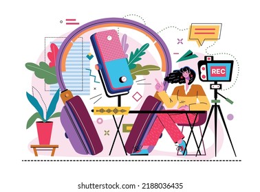 Radio podcast. Broadcasting studio. Huge microphone and headset. People recording interview with headphones and mic. Voice or music broadcast. Online streaming. Vector flat illustration