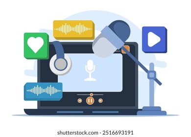 Conceito de rádio e podcast, anfitrião de rádio falando em microfone e entrevistando convidados, podcast de vídeo ou áudio on-line, entrevista ao vivo, ouvir o programa de entrevista, Podcast player.