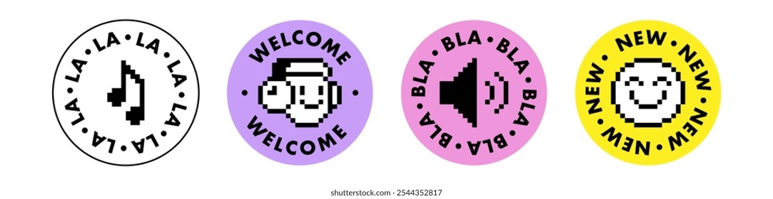 Radio podcast concept. Y2k retro stickers in pixel art. Music, voice icon set. Smile, emoji, cool badge element. Geometric bright modern shape for collage, poster, stamp. Vector illustration on white