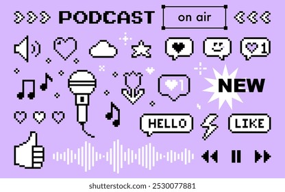 Radio Podcast Elemente in Pixel Art. Y2k Pixel Icons gesetzt. Notenschrift, Sprechblase, auf Luftzeichen. Abstraktes Spielelement. Schwarze Farbe moderne Form für Collage und Poster. Abstraktes geometrisches einfaches Zeichen