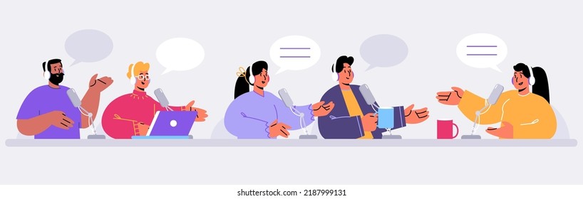 Radio podcast hosts characters sitting at desks with microphones and speech bubbles. Men and women in headphones interviewing guests, talk on radio station studio, Line art flat vector illustration