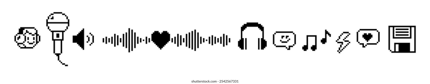 Radio podcast line background. Microphone, headphones, speech bubble, equalizer. Y2k pixel art icons. Game abstract elements. Modern shape for collage, poster. Abstract geometric simple sign on white
