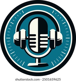 Radio podcast logo in circle. Symbolic microphone and headphones in ring (vector)