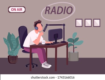 Radio podcast show flat color vector illustration. Professional radio DJ, news host 2D cartoon character with recording studio on background. Public live broadcast, entertainment program on air