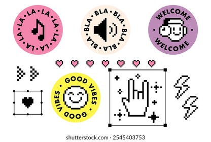 Radio podcast stickers set. Y2k retro icons in pixel art. Music, voice icon. Smile, emoji, cool badge element. Geometric bright modern shape for collage, poster, stamp. Vector illustration on white