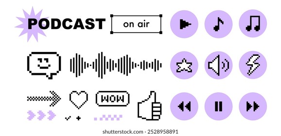 Conjunto de ícones de pixel y2k de podcast de rádio. Nota musical, balão de fala, equalizador, sorriso. Elemento resumo do jogo. Forma moderna de cor preta para colagem e cartaz. Sinal simples geométrico abstrato. Conceito de difusão