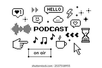 Radio podcast y2k pixel icons set. Music note, speech bubble, equalizer, smile, cup of coffee. Game abstract elements. Black color modern shape for collage, poster. Abstract geometric backround