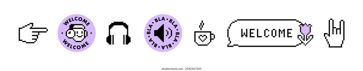 Radio podcast y2k pixel icons line pattern. Microphone, headphones, speech bubble, smiling face. Game abstract elements. Modern shape for collage, poster. Abstract geometric simple sign on white