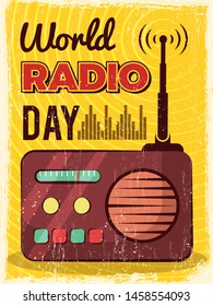 Radio poster. Microphone broadcast studio mic and speakers vector placard design. Illustration of world radio day poster, media sound communication
