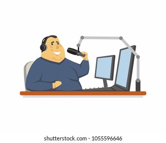 Radio presenter - cartoon people character isolated illustration on white background. A young smiling plump man on air, broadcasting, sitting at the monitors in headsets