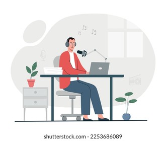 Concepto de presentador de radio. Un hombre con micrófono delante del portátil crea contenido interesante. Streamer y presentador de radio. Tecnologías modernas y mundo digital. Dibujo vectorial plano de dibujos animados