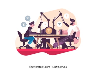 Radio presenter interviewing man at studio flat vector illustration. Professional radio station with microphone and other equipment. Mass media and broadcasting concept