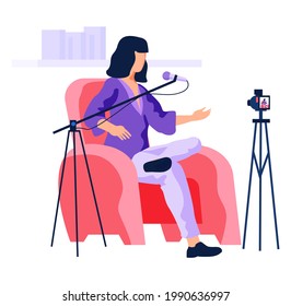 Radio presenter is recoding video podcast, broadcasting on camera. Female character is working with live recording in studio. Woman speaking into microphone and filming broadcast, podcast on camera
