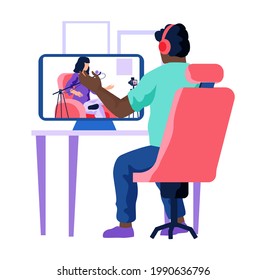 Radio presenter is watching podcast, broadcasting in media. Man is sitting at table with computer and watching recording of broadcast on monitor. Male character is working with live recording