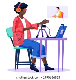 Radio presenter is watching podcast with male speaker. African american woman broadcasting in media. Woman with computer is watching broadcast, recording voice into microphone in radio station