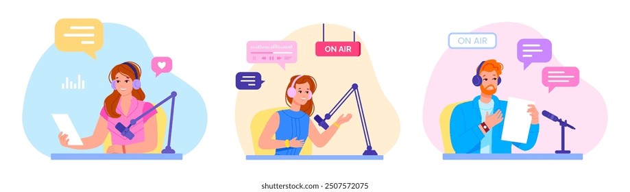 Radio presenters. Broadcast entertainment presenter characters record voice in microphone at broadcasting station media studio man and woman audio speaker vector illustration original artwork