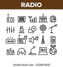 Radio Program Collection Elements Icons Set Vector Thin Line. Modern And Vintage Radio Device, Microphone And Headphones Concept Linear Pictograms. Monochrome Contour Illustrations