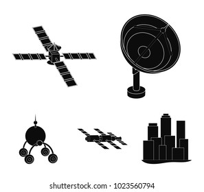 Radio radar, docking in space spacecraft, Lunokhod. Space technology set collection icons in black style vector symbol stock illustration web.