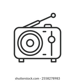 Radio receiver, icon in line design. Receiver, vintage, analog, radio icon, sound receiver, AM FM radio, retro audio on white background vector. Radio receiver editable stroke icon