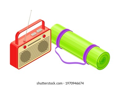 Radio Receiver and Rolled Mat at Picnic Equipment Isometric Vector Illustration