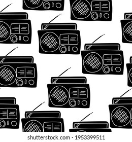 Radio receiver seamless pattern, silhouette of radio black color on a white background vector illustration