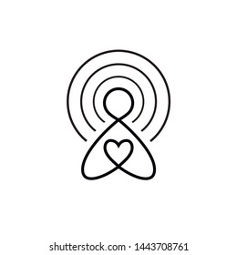 Radio receiving station. Pictogram of a human figure with a heart. Icon of the donor, a volunteer philanthropist. Hand drawn vector illustration isolated on white, logo, t-shirt design