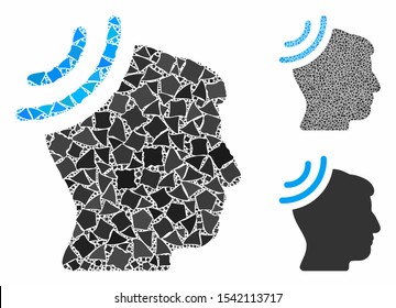 Radio reception brain composition of ragged parts in variable sizes and color tones, based on radio reception brain icon. Vector ragged parts are composed into collage.