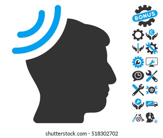 Radio Reception Brain icon with bonus settings graphic icons. Vector illustration style is flat iconic blue and gray symbols on white background.