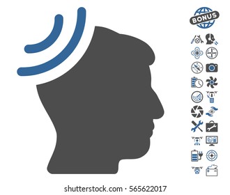 Radio Reception Brain icon with bonus flying drone service clip art. Vector illustration style is flat iconic cobalt and gray symbols on white background.