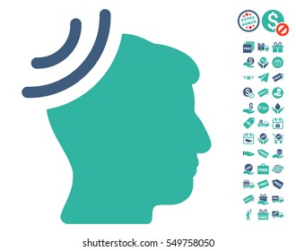Radio Reception Brain icon with free bonus design elements. Vector illustration style is flat iconic symbols, cobalt and cyan colors, white background.