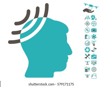 Radio Reception Head icon with bonus copter tools symbols. Vector illustration style is flat iconic grey and cyan symbols on white background.