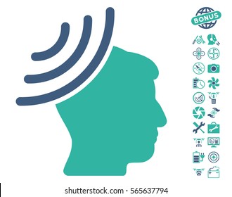 Radio Reception Mind icon with bonus uav service graphic icons. Vector illustration style is flat iconic cobalt and cyan symbols on white background.