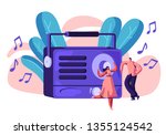 Radio Recorder Playing Music for Happy Person. Woman in Dress and Man Dancing to Loud Music. People Listen to Song and Smiling. Sound Stereo Record Device Horizontal Flat Cartoon Vector Illustration